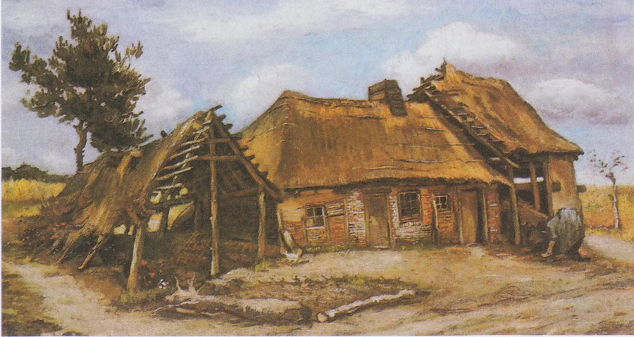 Boerderij met een gebogen boerin in een blauwe jurk - Vincent van Gogh