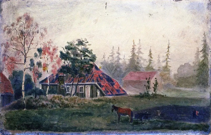 Boerderij met Paard en Wagen voor de Gebouwen - Edvard Munch