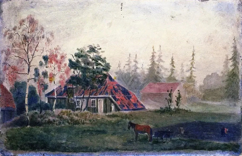 Boerderij met Paard en Wagen voor de Gebouwen - Edvard Munch