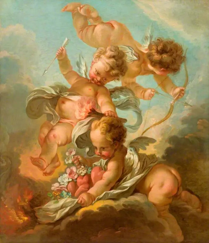 Vuur: Drie putti die een boog en een pijl vasthouden, een brandende fakkel en een mantel met harten en bloemen - François Boucher