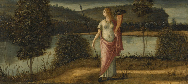 Allegorische figuur van een vrouw in een landschap, die een speer en een hoorn des overvloeds vasthoudt - Vittore Carpaccio