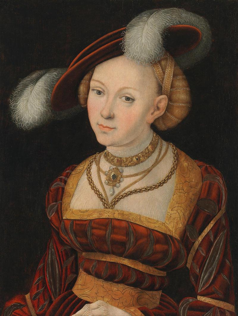 Vrouwelijk figuur tot middel met een verenhoed - Lucas Cranach de Oudere