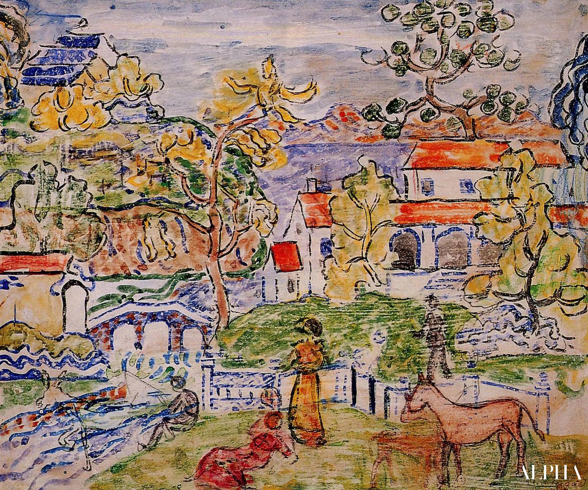 Figures en Ezel (ook bekend als Fantasie met Paard) - Maurice Prendergast - Reproducties van hoogwaardige schilderijen en doeken