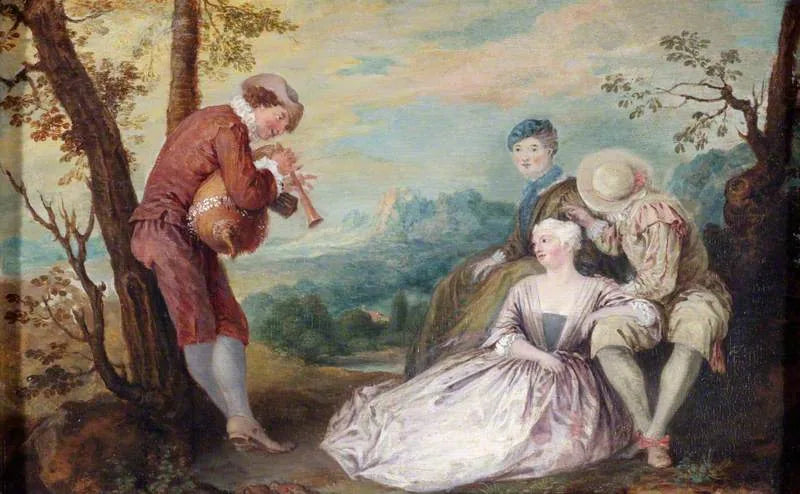  Figuren in een arcadisch landschap - Antoine Watteau