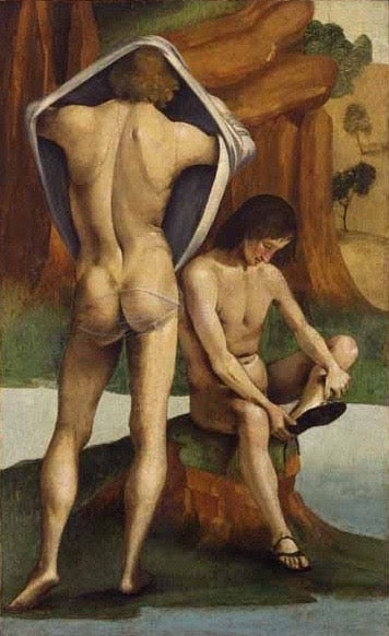  Figuren in een landschap: Twee jonge naakte mensen - Luca Signorelli