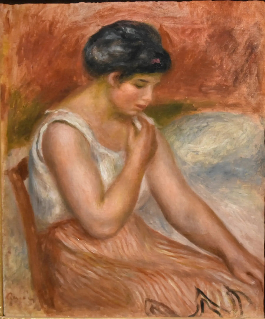 Zittend meisje in gestreepte rok - Pierre-Auguste Renoir