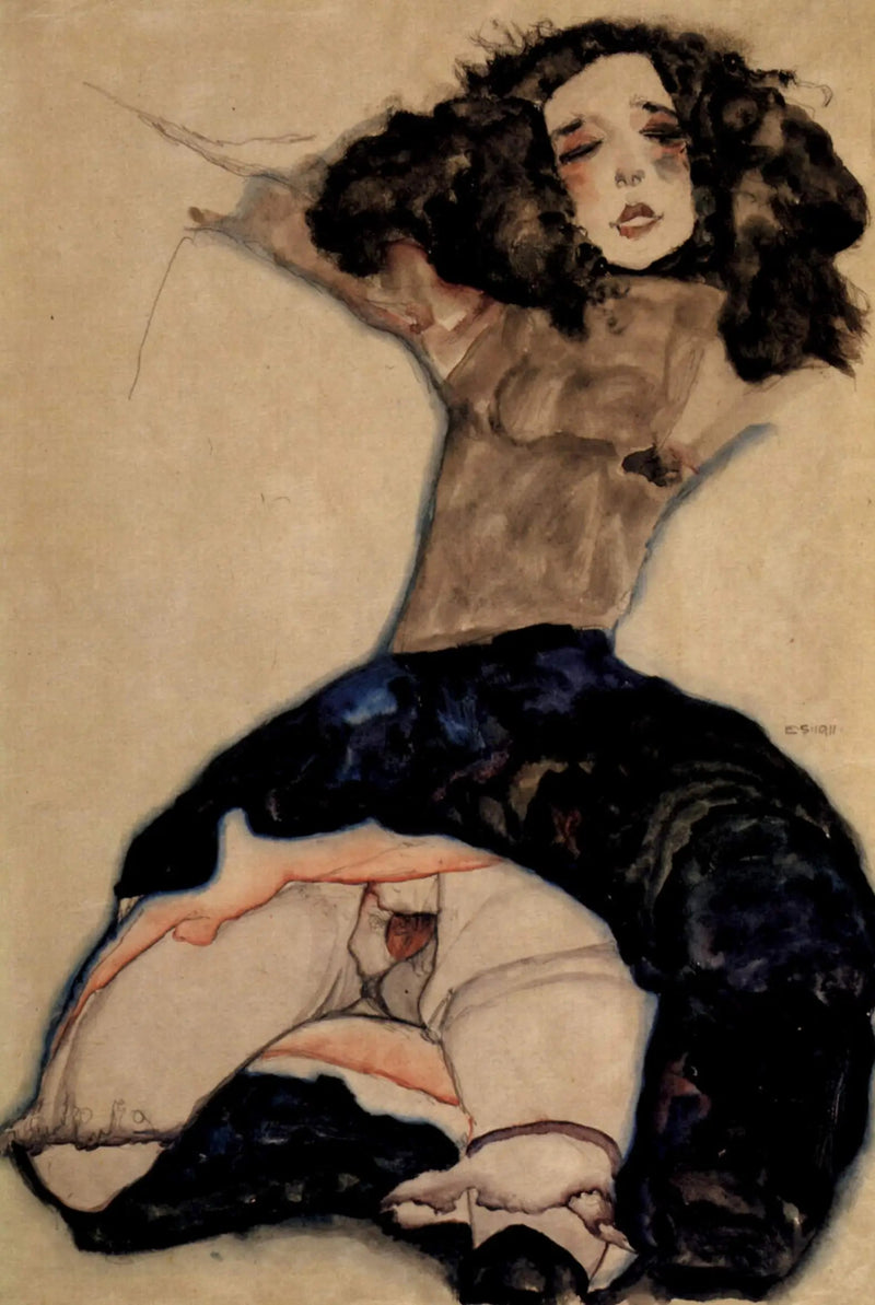 Meisje met zwart haar en opgetrokken rok - Egon Schiele