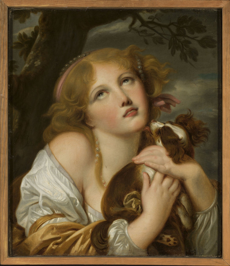 Meisje met een hond in haar handen - Jean-Baptiste Greuze