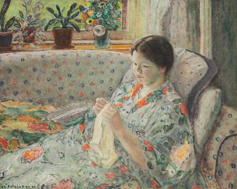 Meisje dat naait (de Chinese jurk) - Frederick Carl Frieseke