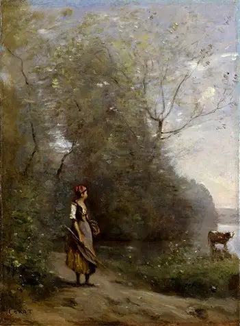 Meisje in een bos - Jean-Baptiste Camille Corot