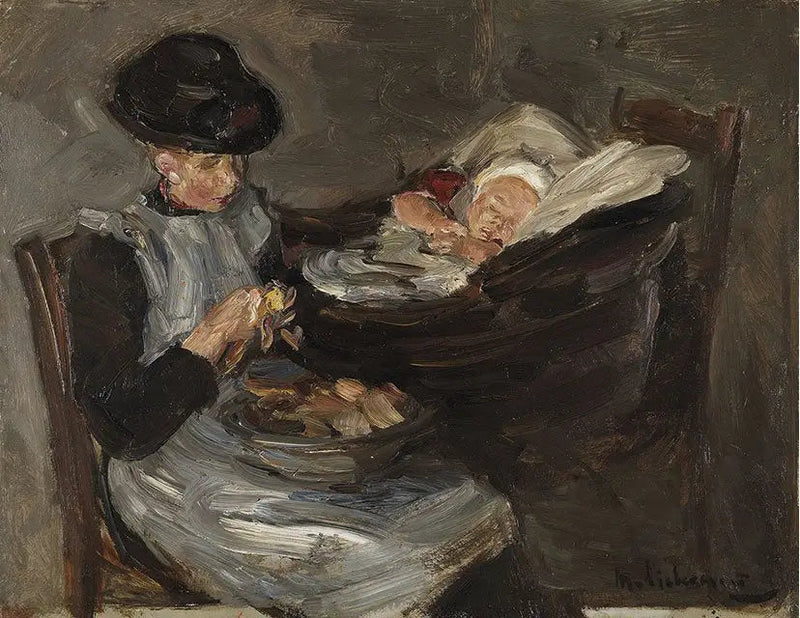 Meisje uit Laren aardappelen schillend met een slapend kind in een mand - Max Liebermann
