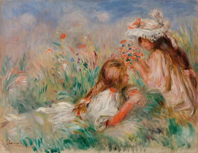 Meisje liggend op het gras en jongedame die een boeket schikt - Pierre-Auguste Renoir