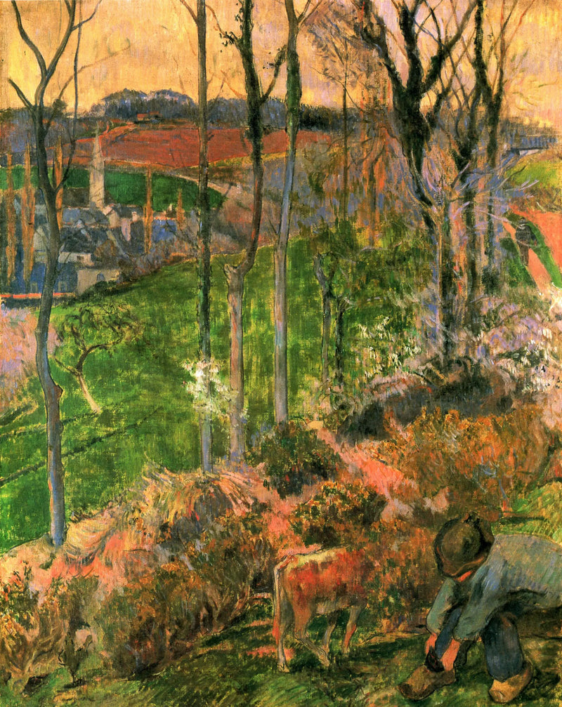Einde van de winter in Pont-Aven, Bretoen en kalf; of Kleine Bretoen die zijn hoefje regelt - Paul Gauguin