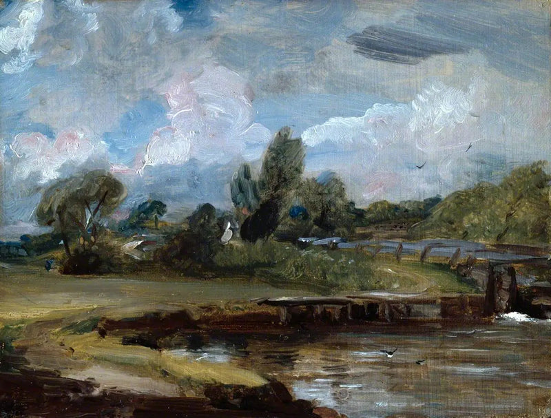 Flatford Lock, een weg langs een rivier - John Constable