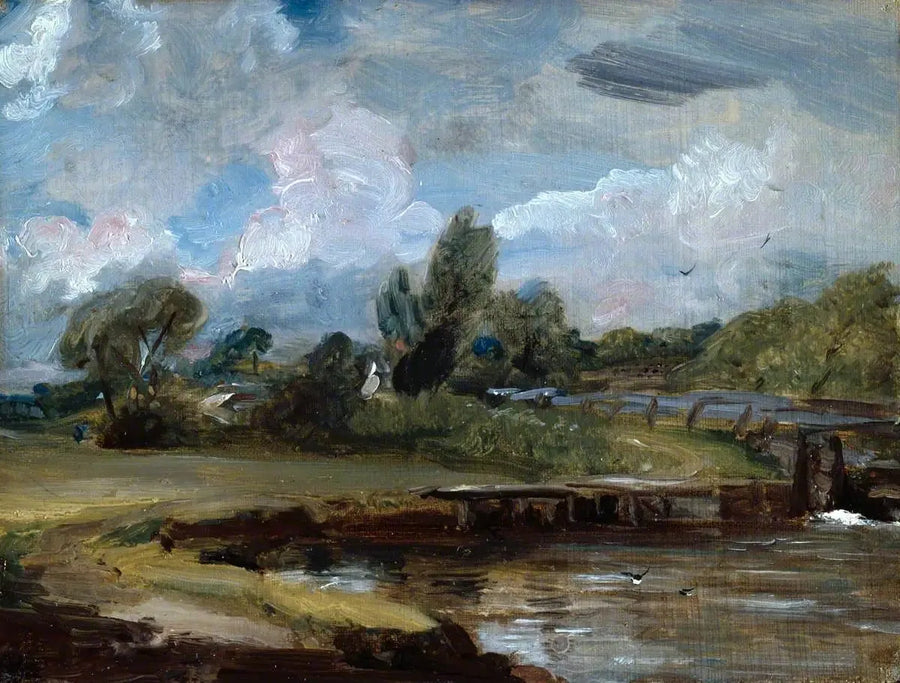 Flatford Lock, een weg langs een rivier - John Constable
