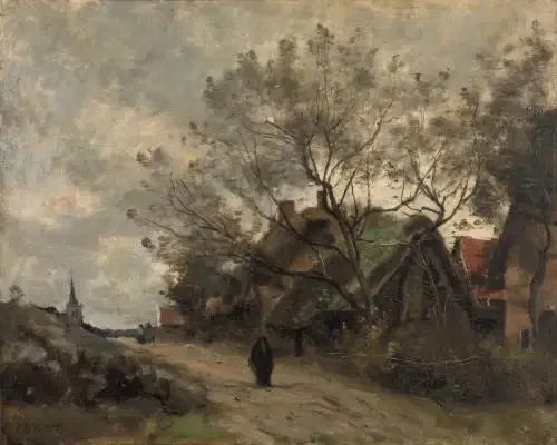 Flesselles. Hutten gezien door de bomen langs de weg - Jean-Baptiste Camille Corot