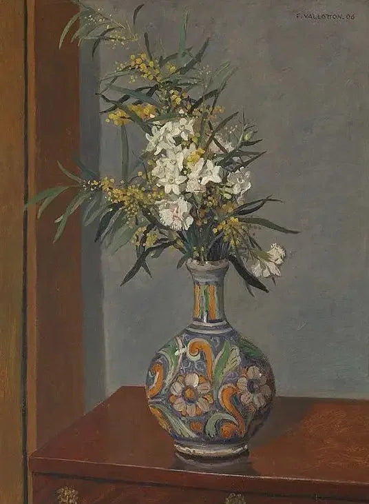 Witte bloemen in een versierde vaas - Félix Vallotton

Source:
Fleurs blanches dans un vase décoré - Félix Vallotton