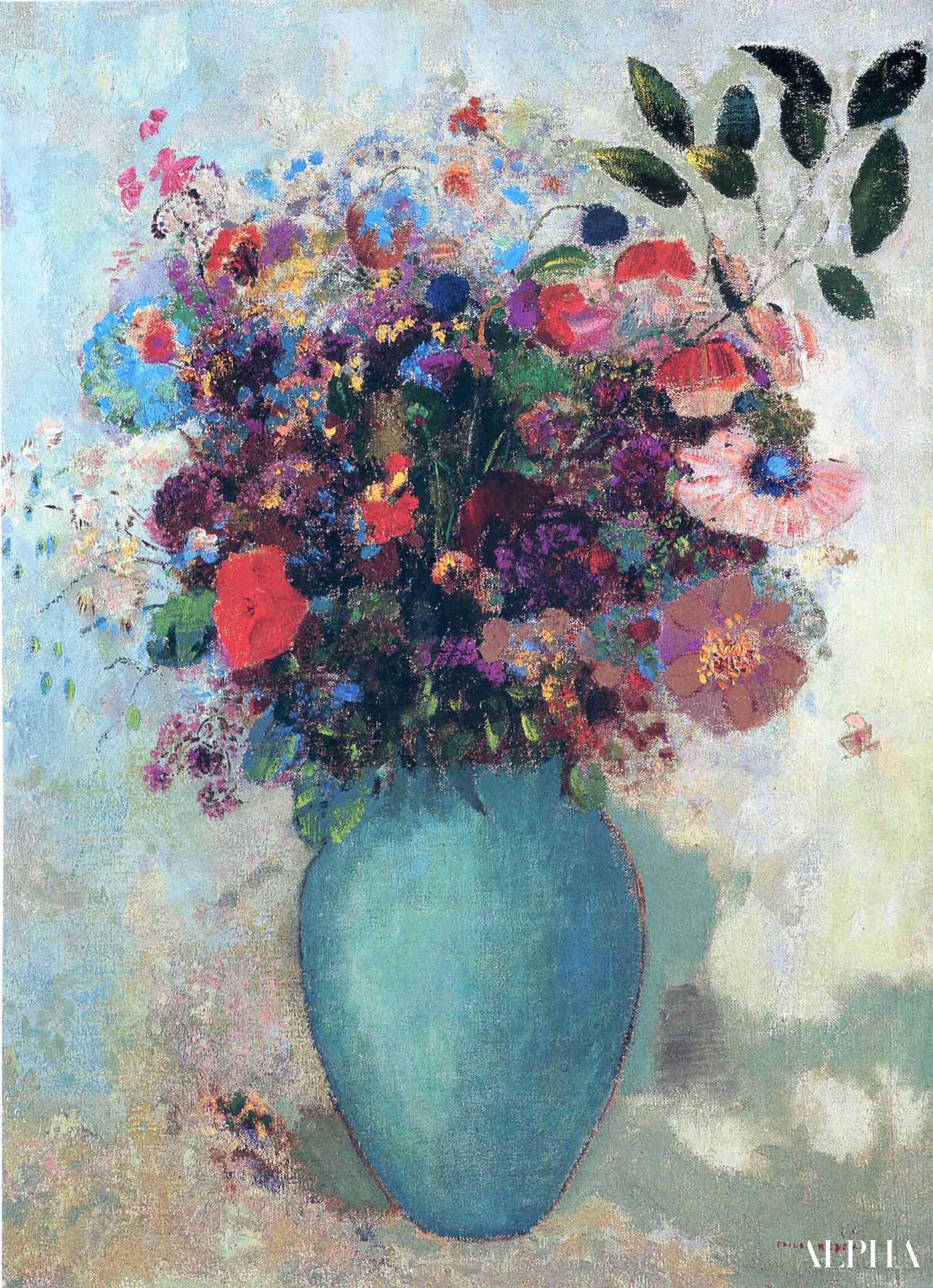 Bloemen in een turquoise vaas - Odilon Redon - Reproducties van schilderijen en hoogwaardige schilderijen