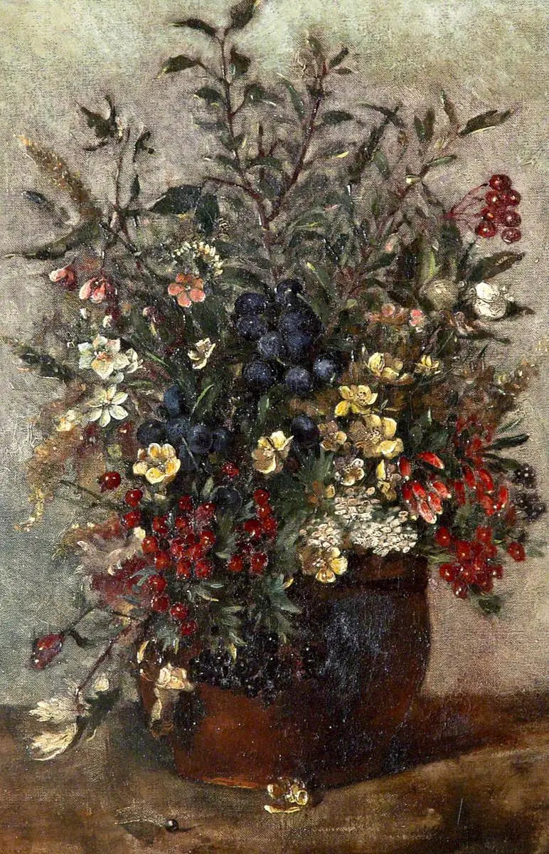 Bloemen van het veld en bessen in een bruine pot - John Constable