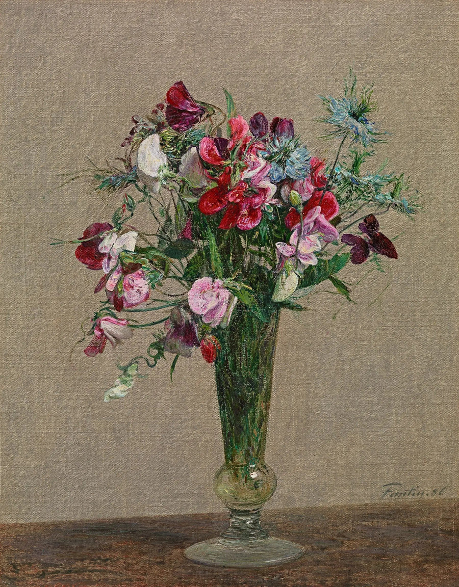 Bloemen, geurige erwten en nigellen in een klein vaasje - Henri Fantin-Latour

Source:
Fleurs, pois de senteurs et nigelles dans un petit vase - Henri Fantin-Latour