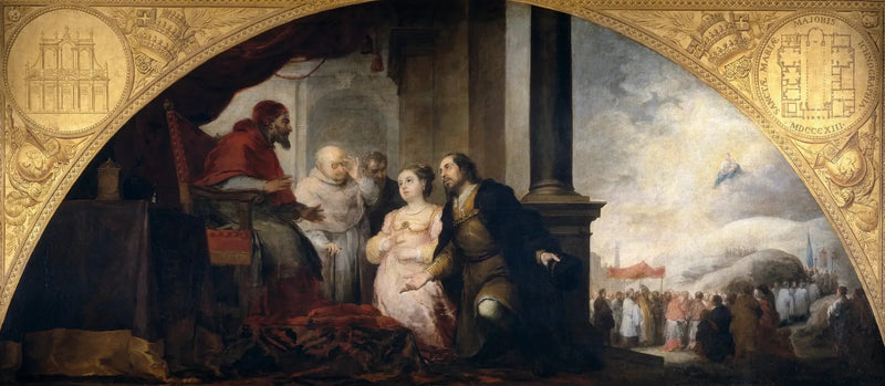 Fundatie van Sainte-Marie-Majeure in Rome. De patriciër vertelt zijn droom aan de paus. - Bartolomé Esteban Murillo

Source:
Fondation de Sainte-Marie-Majeure à Rome. Le Patricien raconte son rêve au Pape. - Bartolomé Esteban Murillo