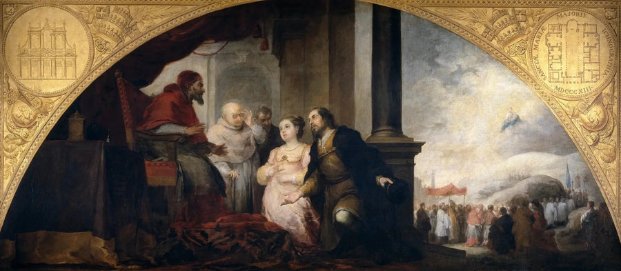 Fundatie van Sainte-Marie-Majeure in Rome. De patriciër vertelt zijn droom aan de paus. - Bartolomé Esteban Murillo

Source:
Fondation de Sainte-Marie-Majeure à Rome. Le Patricien raconte son rêve au Pape. - Bartolomé Esteban Murillo