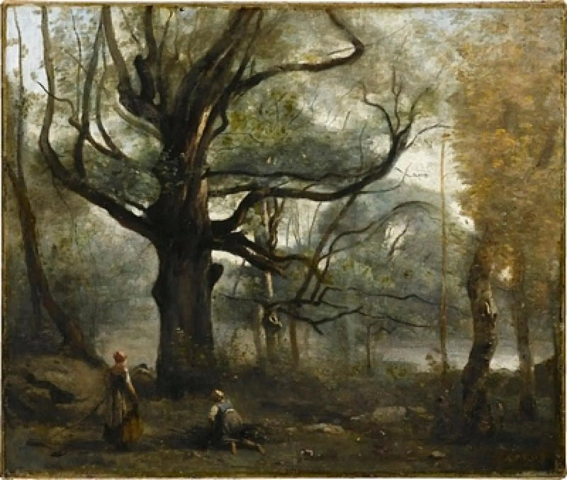 Fontainebleau. Bûcheronnes aan de voet van een grote eik - Jean-Baptiste Camille Corot