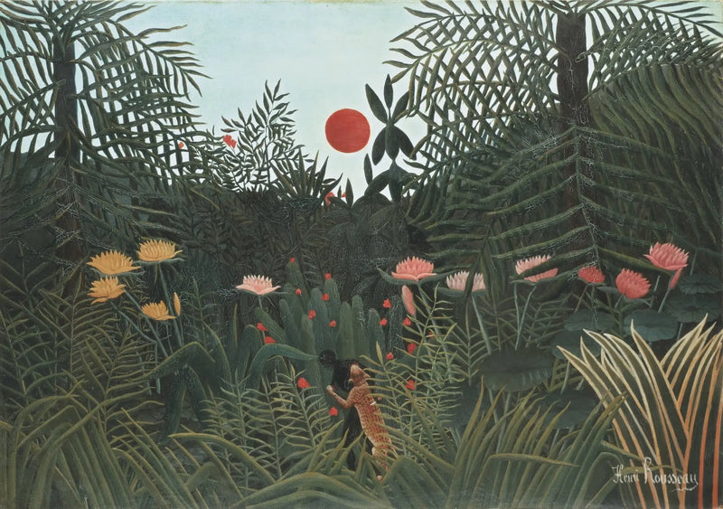Onbewerkte bos bij zonsondergang - Henri Rousseau