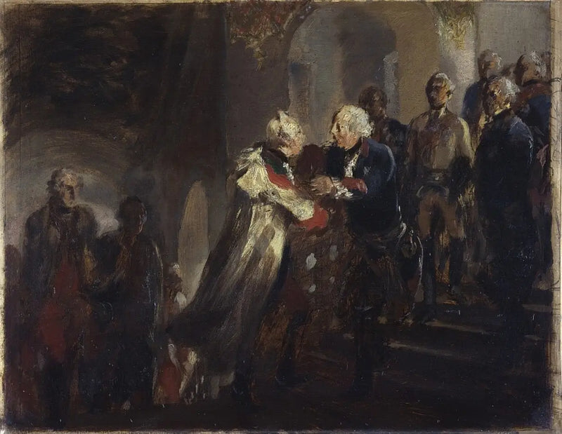 Frederik de Grote en keizer Jozef II ontmoeten elkaar in Neisse in 1769 (Schets) - Adolph von Menzel