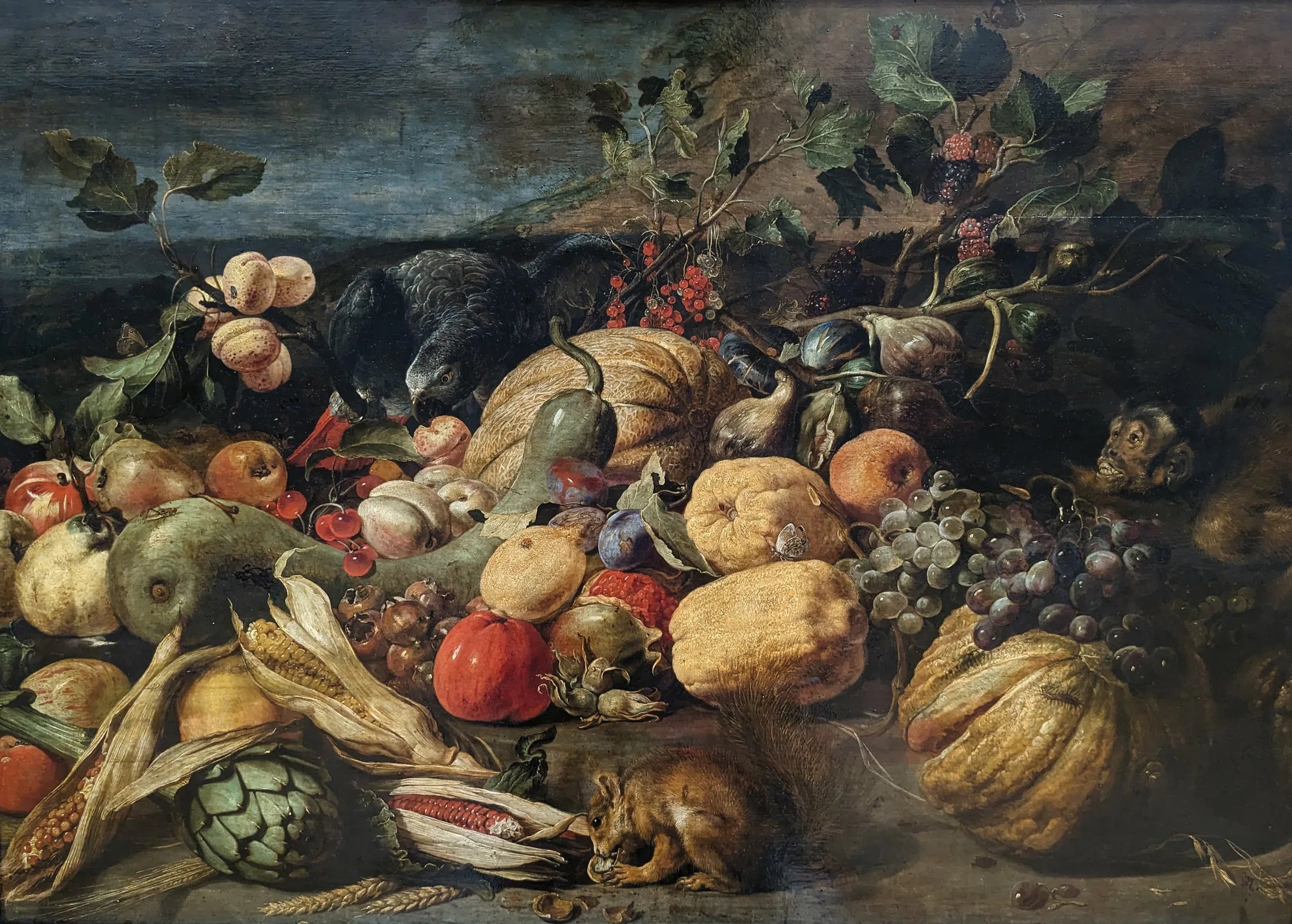 Fruits et légumes avec un singe, un perroquet et un écureuil - Frans Snyders image 1 copie de tableau peinte à la main