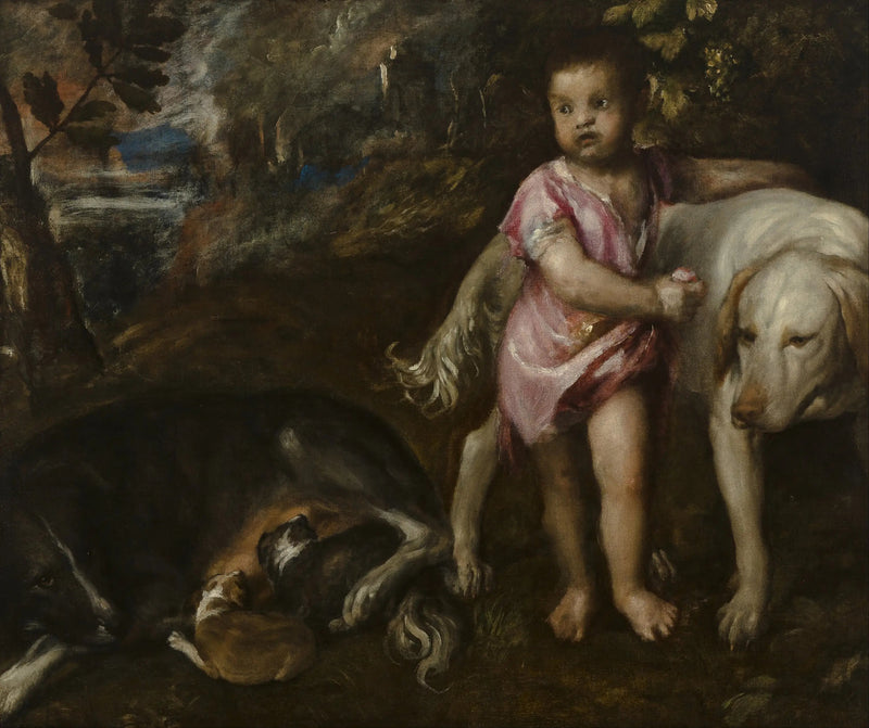 Jongen met honden in een landschap - Titian