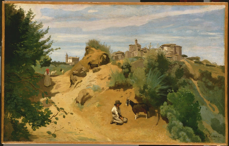 Genzano, herder met uitzicht op een dorp - Jean-Baptiste Camille Corot