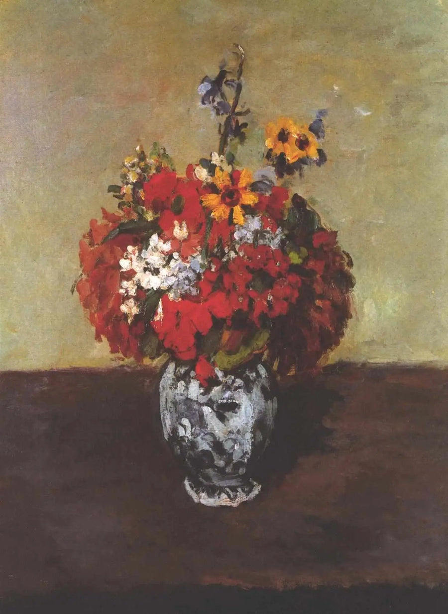 Geraniums en ridderspoor in een klein Delfts vaasje - Paul Cézanne