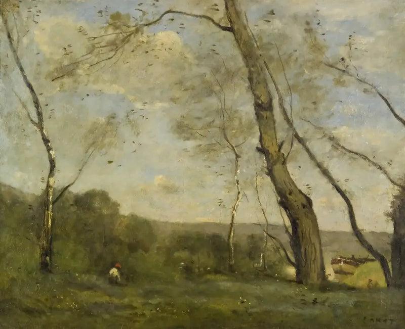 Grote bomen domineren de oever van een rivier - Jean-Baptiste Camille Corot
