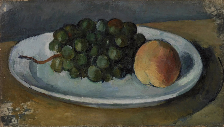 Druiventros en perzik op een bord - Paul Cézanne