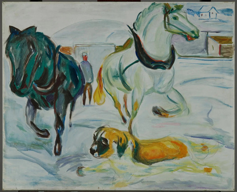 Groep paarden en Saint-Bernard in de sneeuw - Edvard Munch
