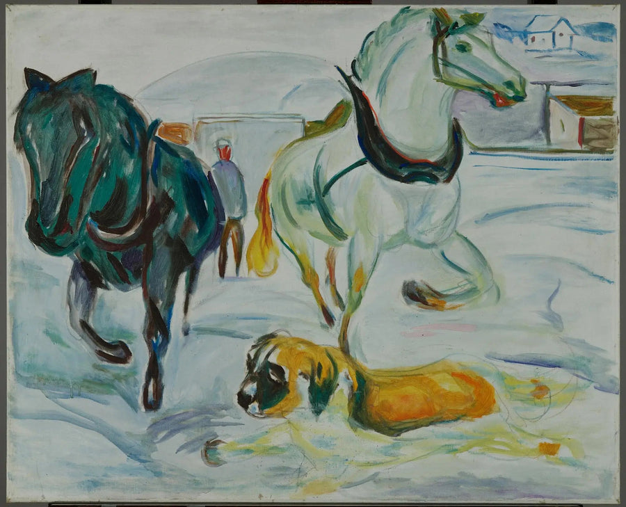 Groep paarden en Saint-Bernard in de sneeuw - Edvard Munch