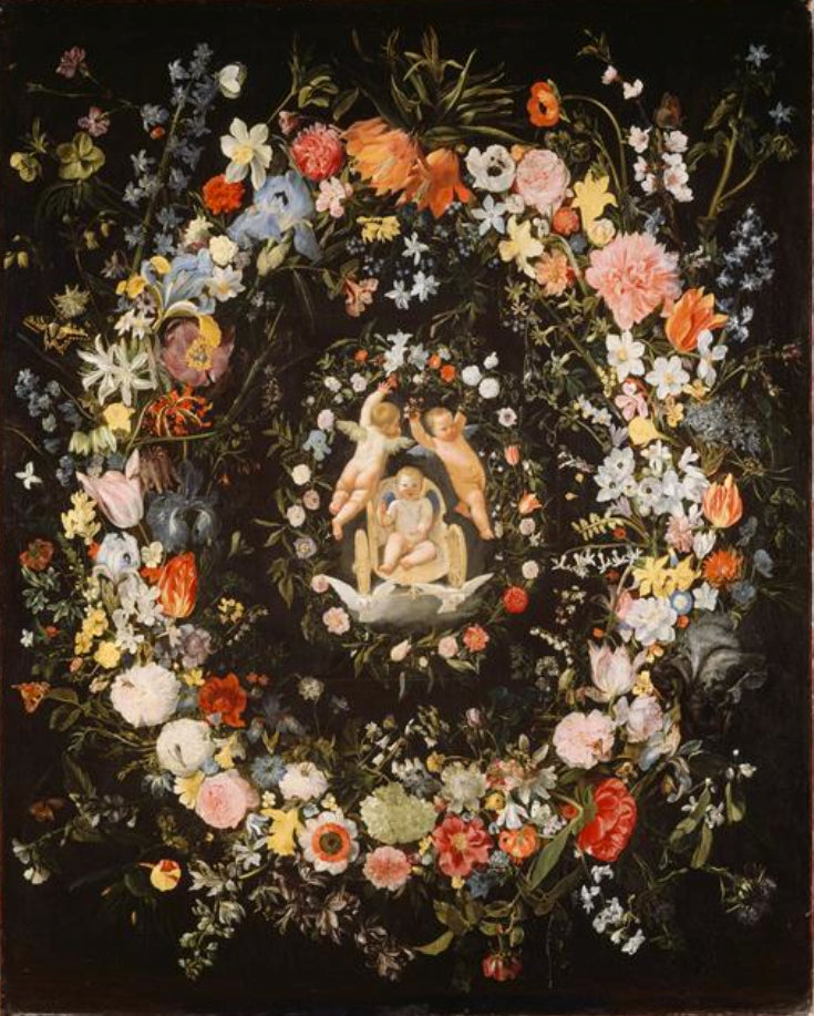 Bloemenkrans rond een medaillon dat de triomf van de liefde voorstelt - Domenichino