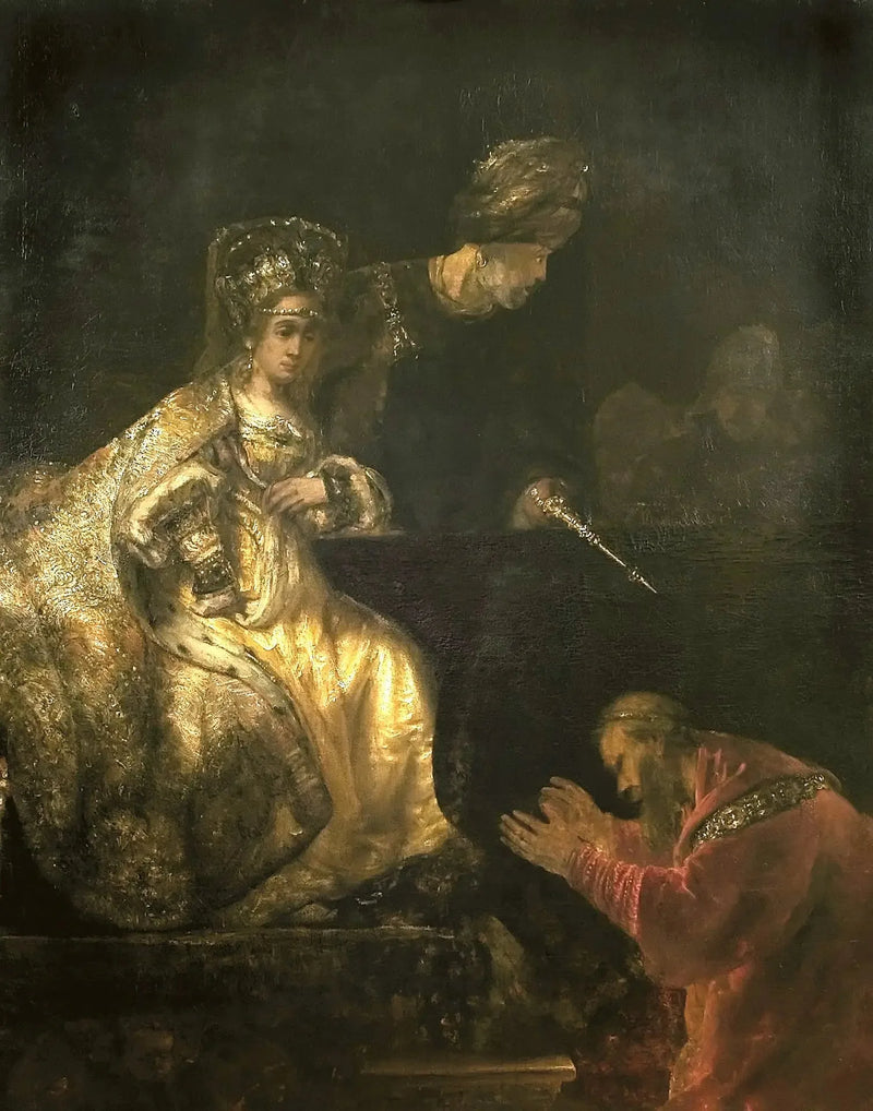 Haman smeekt Esther om hem het leven te sparen - Rembrandt