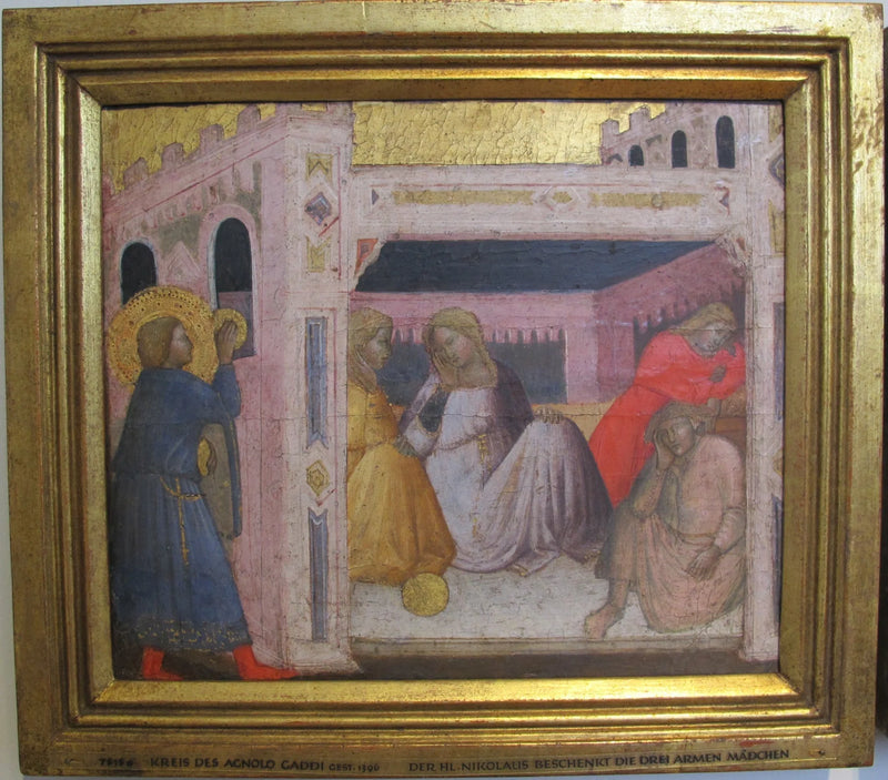 Verhalen van Sint-Nicolaas. Sint-Nicolaas geeft cadeaus aan drie meisjes uit het zwembad. - Agnolo Gaddi