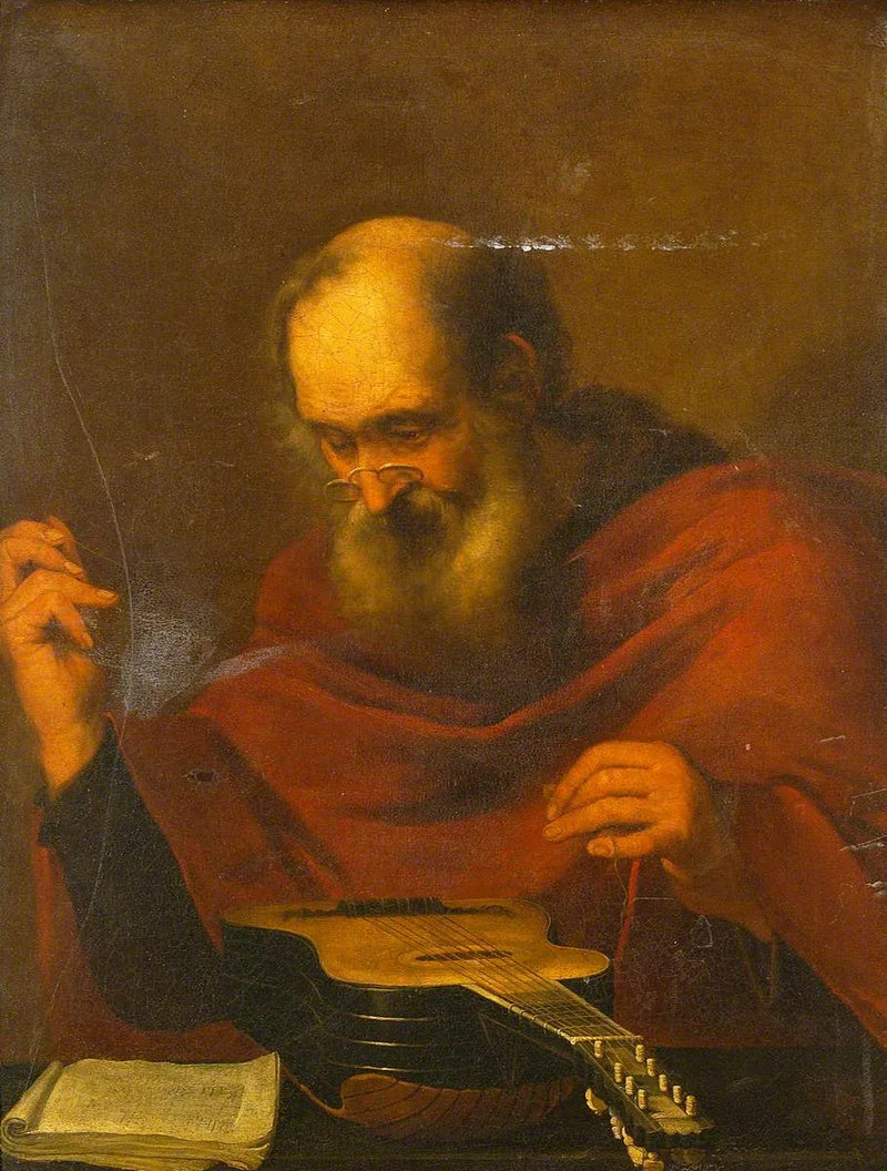 Man die de snaren van een gitaar vervangt - Jusepe de Ribera