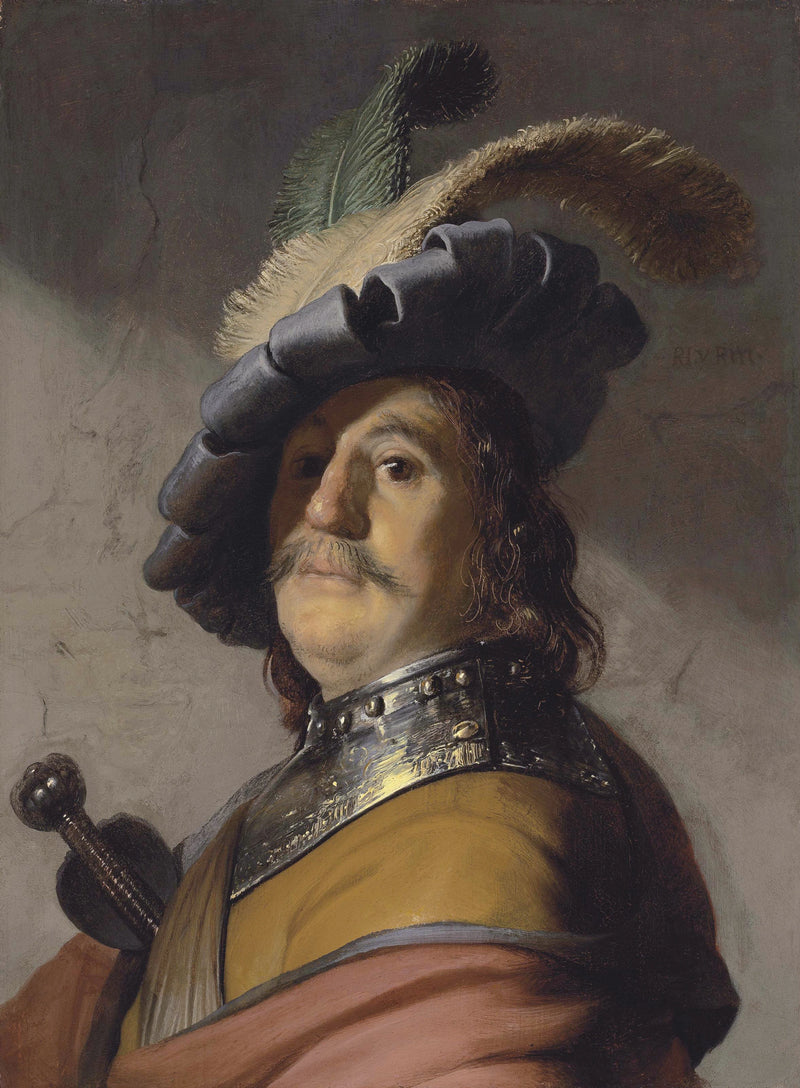 Buste van een man met een gorgerin en een veren baret - Rembrandt