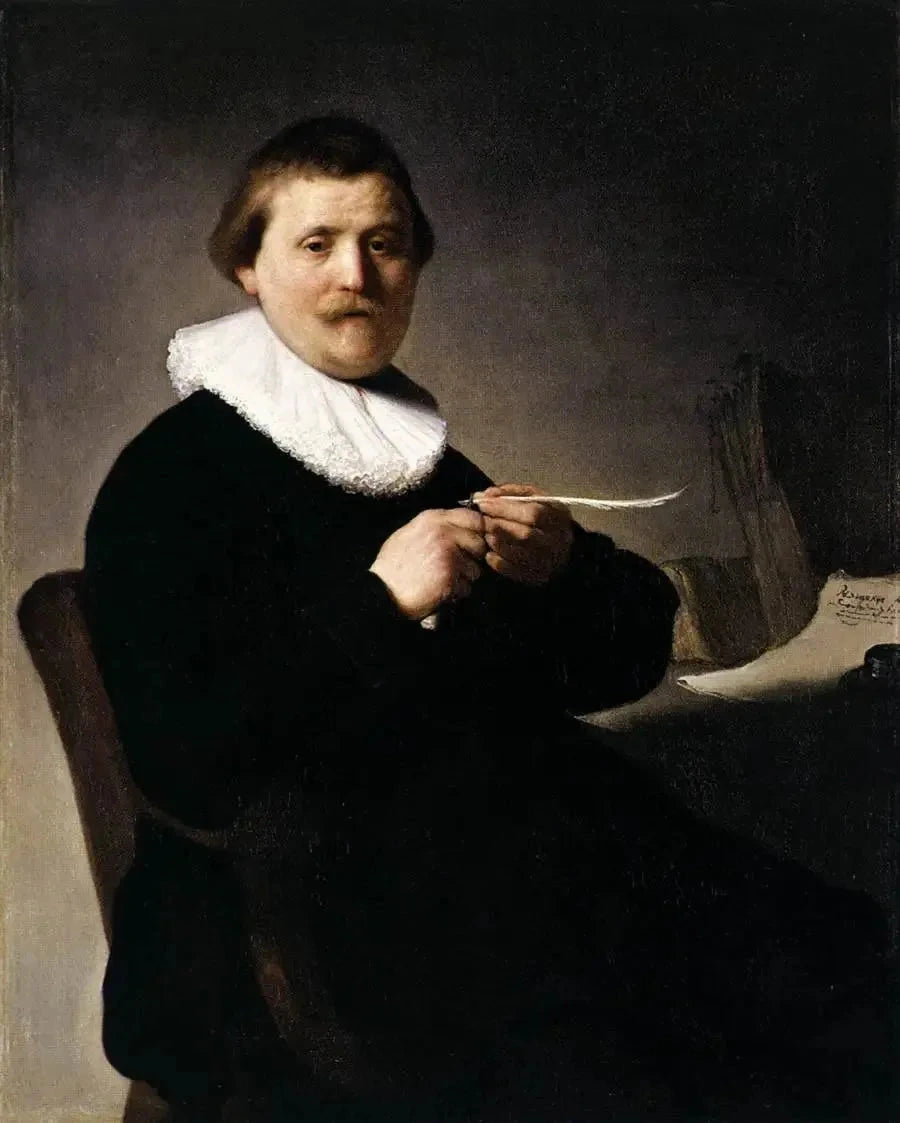 Portret van een man die zijn pen slijpt - Rembrandt