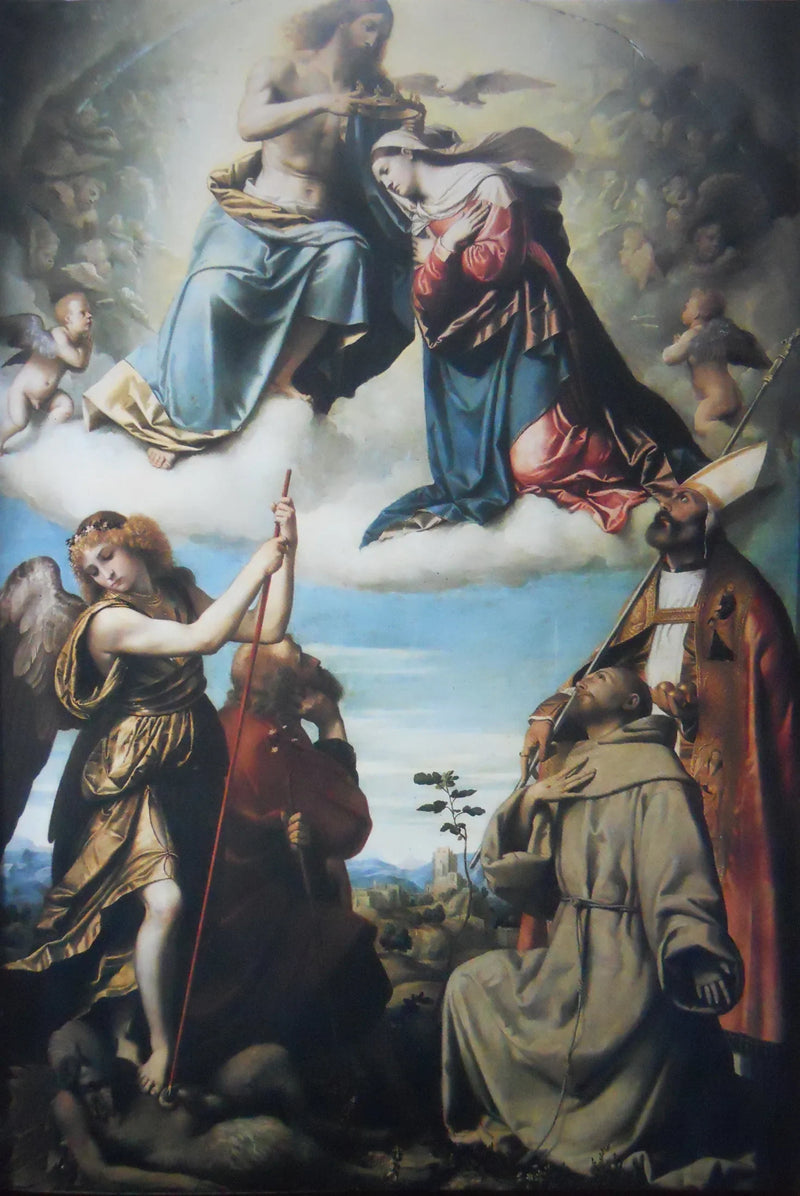 Incoronatie van de Maagd met de heiligen Michaël Arcangelo, Jozef, Franciscus van Assisi en Nicola di Bari - Alessandro Bonvicino