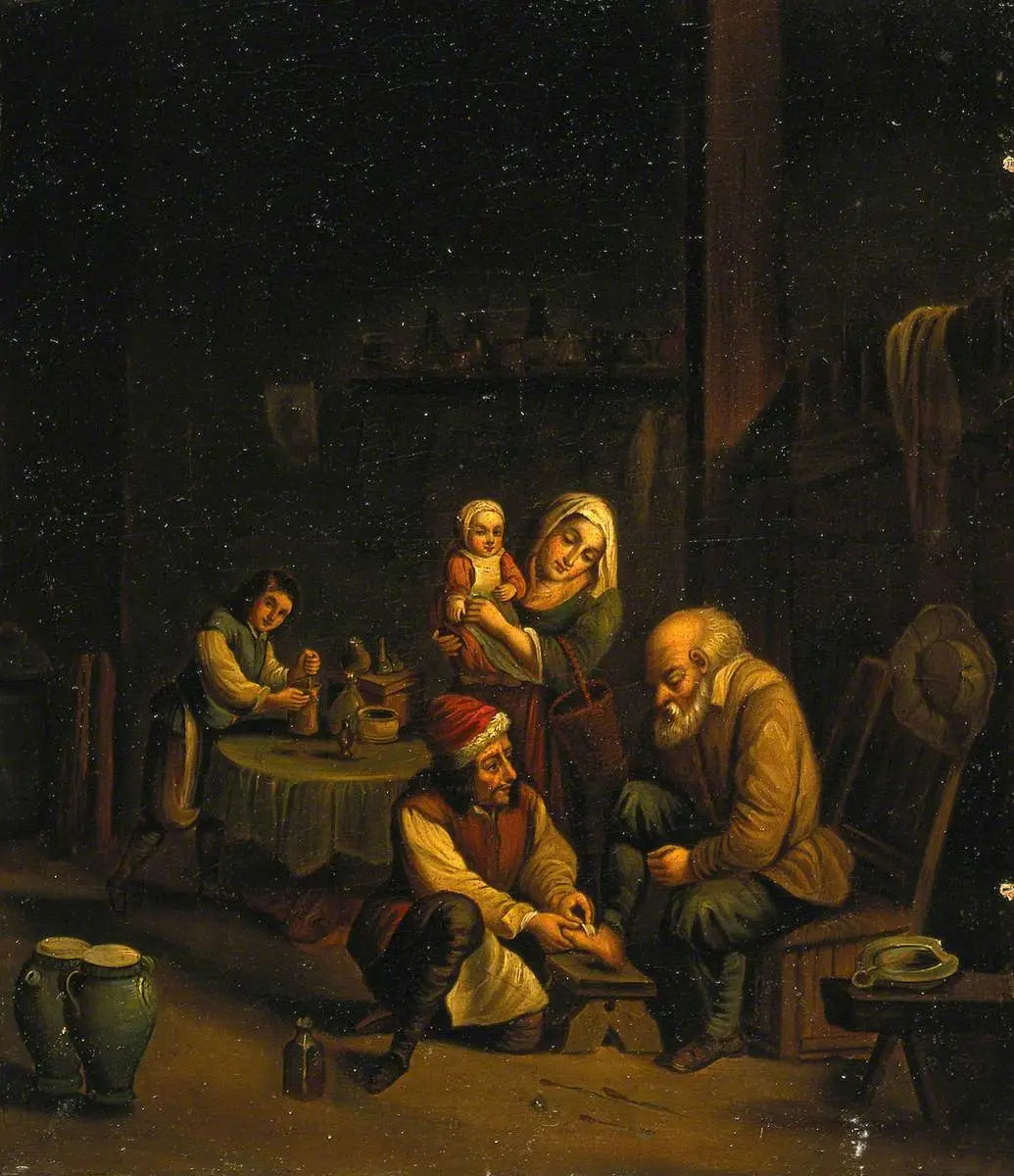 Intérieur avec un chirurgien soignant le pied d’un homme et trois autres personnages - David Teniers le Jeune - Alpha