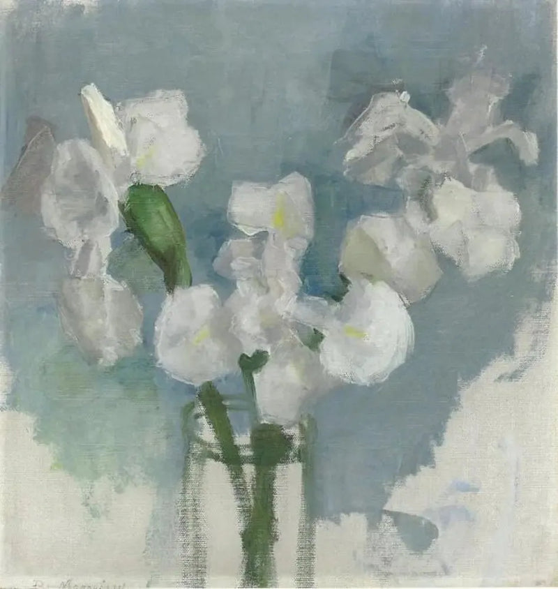Witte irissen op lichtblauwe achtergrond I - Piet Mondrian
