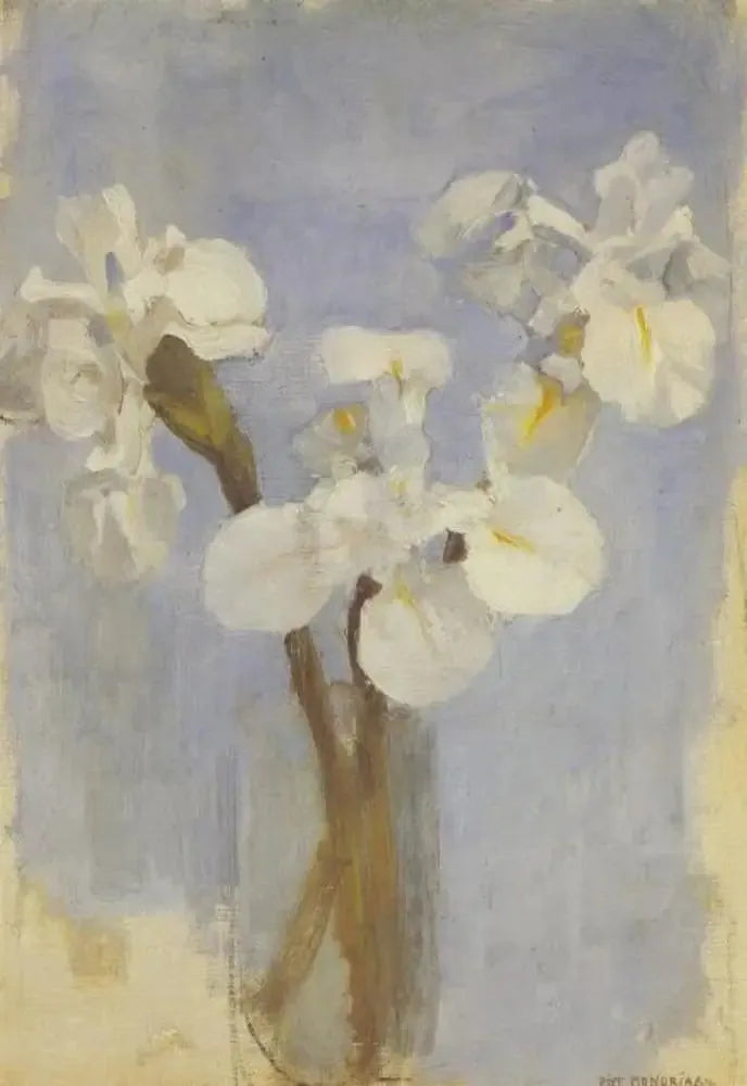 Witte irissen op lichtblauwe achtergrond II - Piet Mondrian