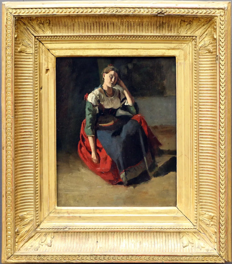 Italiaanse zittende vrouw, leunend op haar knie - Jean-Baptiste Camille Corot