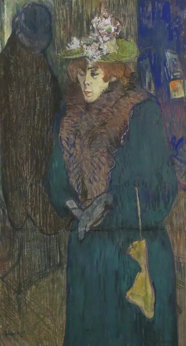 Jane Avril in de Entree van de Moulin Rouge, haar handschoenen aantrekkend - Henri de Toulouse-Lautrec