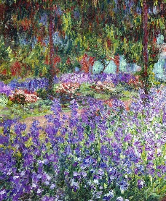 Détail des iris violets dans Le Jardin de l’artiste à Giverny W1624 de Claude Monet